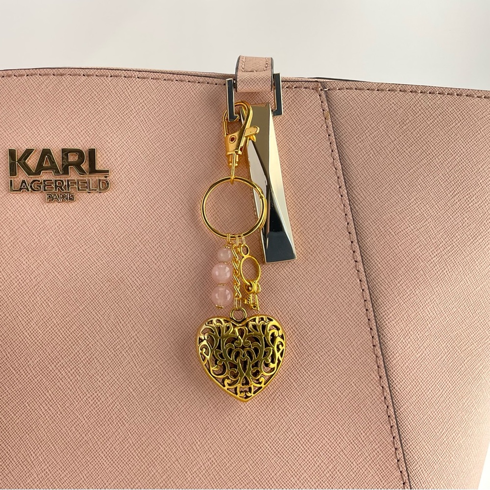 Gold Filigree Heart Purse Charm, Key Chain, Rose Quartz & Miniature Keys Charm - Picture 4 of 7